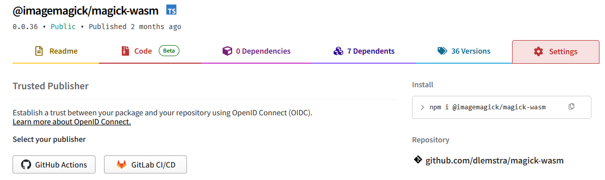 npmjs package settings