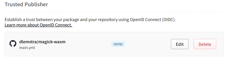 npmjs trusted publisher result